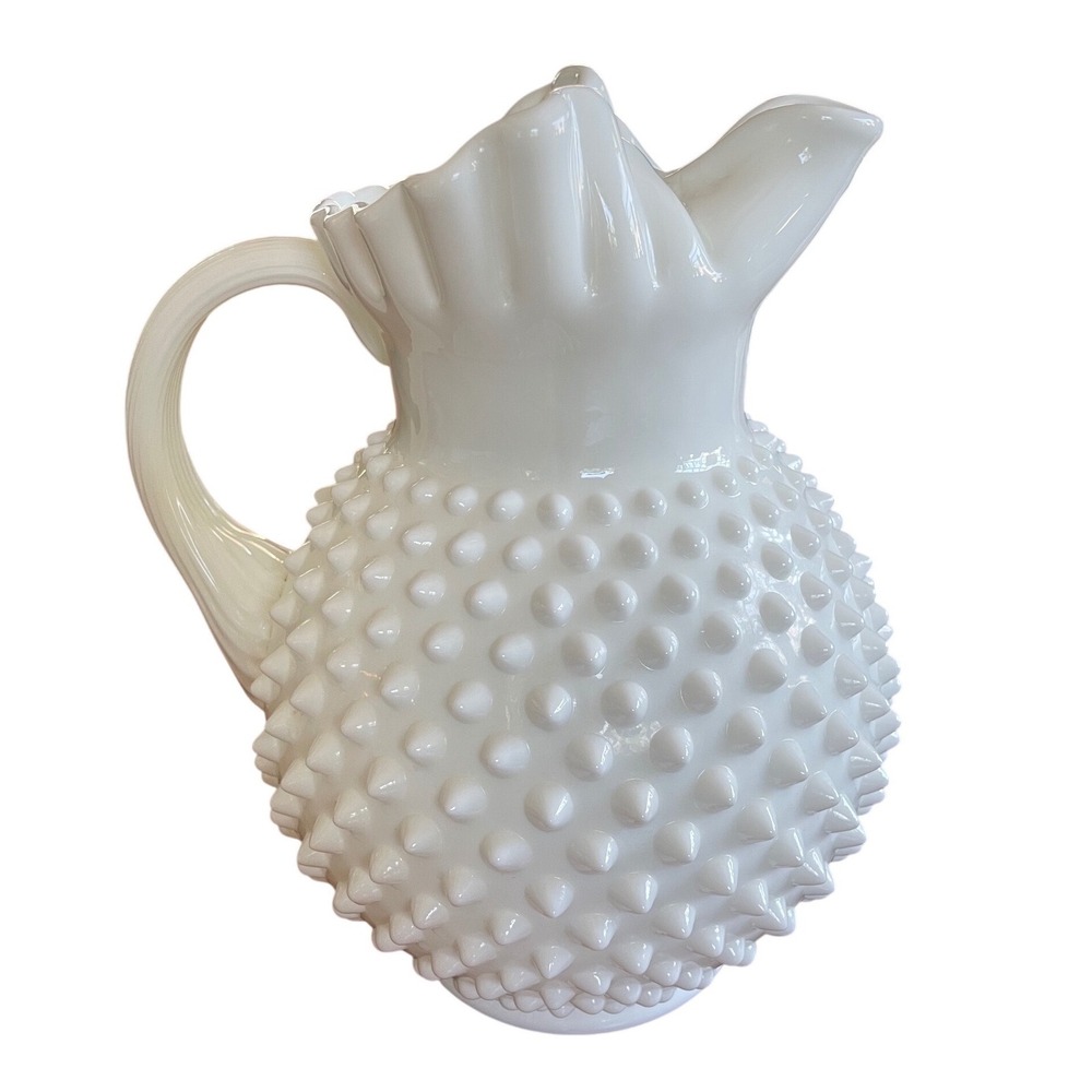 TG 1950s Fenton White Milk‎ Glass Hobnail Bulbous Water Pitcher Mid Century